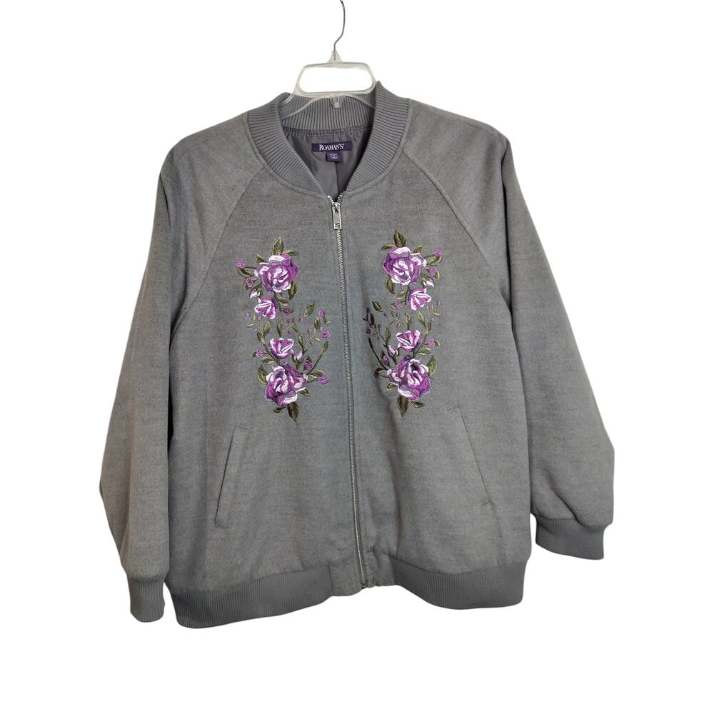 4789) Roamans Women grey Floral Embroidery Lined Zip Up Bomber Jacket Plus 22/24